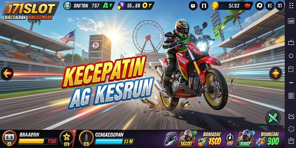 Tangkapan layar 171SLOT menampilkan balapan spektakuler dan kendaraan yang cepat.
