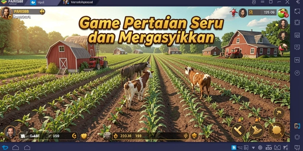 Screenshot gameplay PARIS88 menampilkan ladang yang subur dan penuh kehidupan.