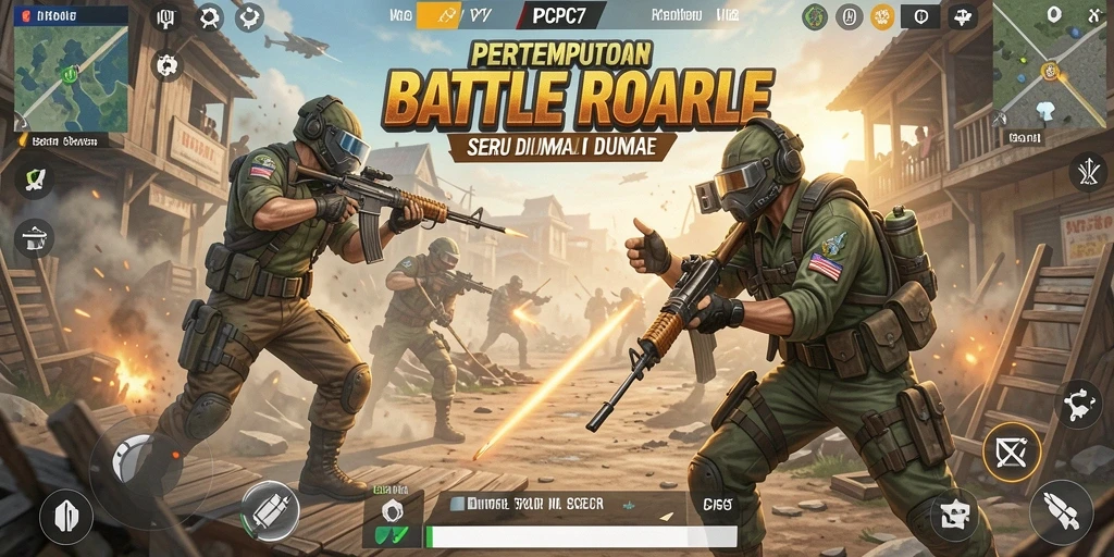 Screenshot PCPC7 menampilkan aksi pertempuran intens dalam game Battle Royale.