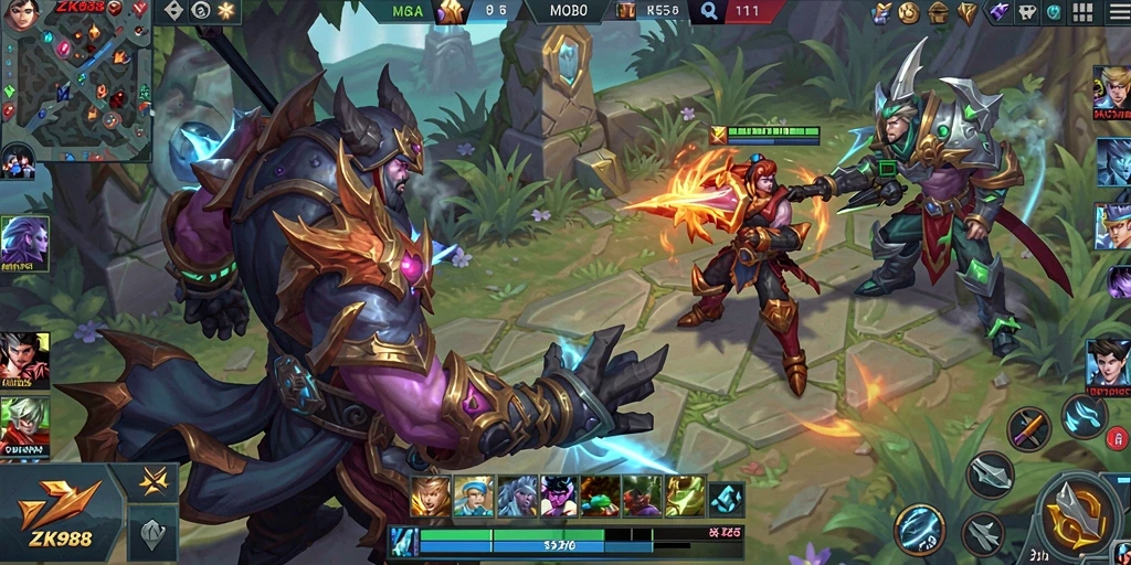 Gameplay ZK988 menampilkan pertarungan tim yang intens dalam arena MOBA.